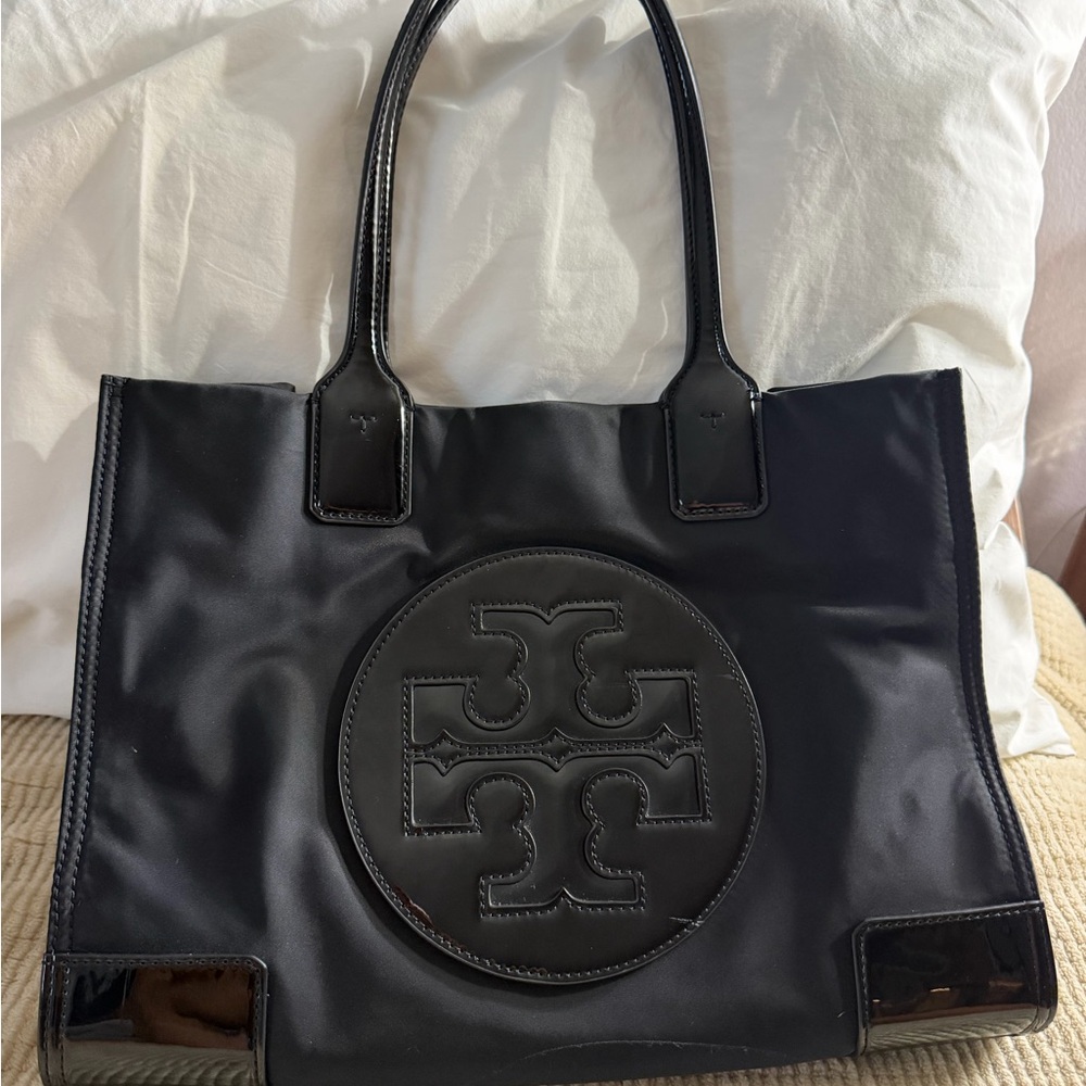 Tory Burch Black Logo Nylon Tote with Patent Trim